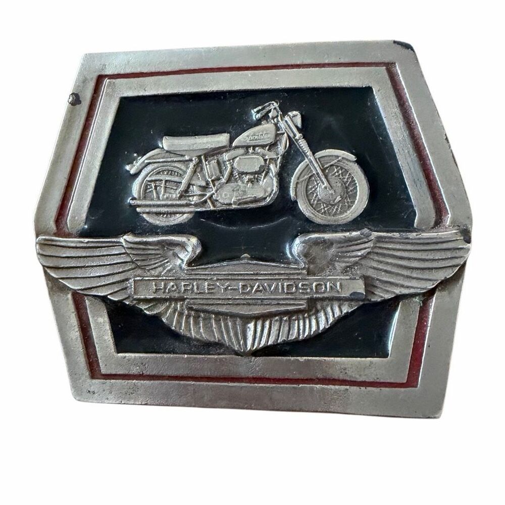 Vintage Harley Davidson Belt Buckle Motorcycle Eagle Wings Black Enamel 2040